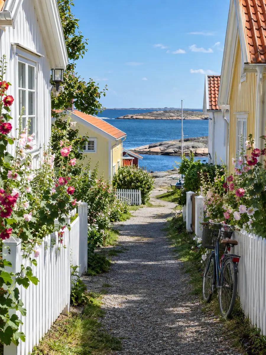 En smal grusväg mellan vita och gula trähus med staket och stockrosor, havet längre fram