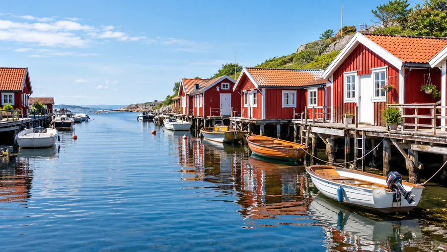 Röda träbåthus med vita lister på träpålar längs en lugn vik, små roddbåtar uppbundna