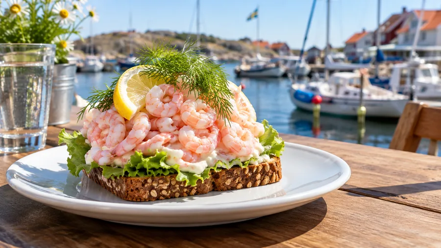 En öppen räkmacka med citron och dill på en tallrik vid en solig hamncafé